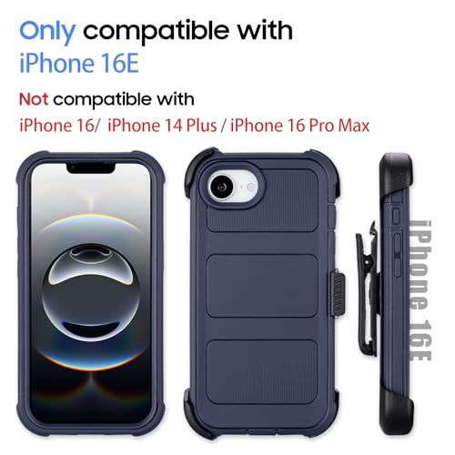 Protective Phone Case for iPhone 16e Case Belt Clip Holster Kickstand Black | Shockproof iPhone 16 e Case Heavy Duty Rugged Dustproof Port 2 Layers of Sturdy Defender Cover for iPhone16e Case Belt Blue - color: Navy Blue