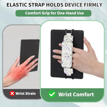 Secure Hand Strap for 6-7.5" Kindle and Tablets, Versatile Lightweight Faux Leather E-Book Grip Holder, Heavy-Duty E-Book Accessories for Reading Lover Gift (Purple Flowers) - color: Purple Flowers