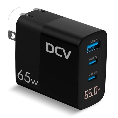 DCV 65W USB C Charger, GaN 3-Port Fast Charging Block with LED Digital Display, PD/PPS/QC 3.0 Foldable Wall Charger for Laptops, MacBook, iPhone 17/16, iPad Pro, Galaxy S23/S22, Note 20, without Cable - color: Black