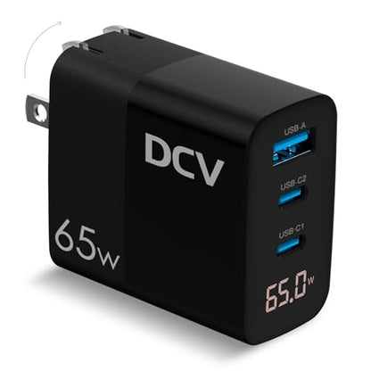 DCV 65W USB C Charger, GaN 3-Port Fast Charging Block with LED Digital Display, PD/PPS/QC 3.0 Foldable Wall Charger for Laptops, MacBook, iPhone 17/16, iPad Pro, Galaxy S23/S22, Note 20, without Cable - color: Black