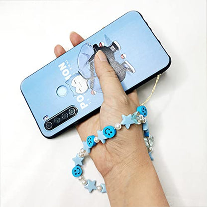 LUSTEMBER Cute Beaded Phone Charm, Smiley Face Wrist Strap, Colorful Handmade Polymer Clay and Pearl Chain - color: Blue