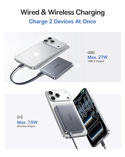 Baseus Picogo Power Bank, 0.5" Ultra Slim 10000mAh MagSafe Portable Charger, Upgraded CCC Certified 27W Fast Charging Magnetic Battery Pack, Alloy Wireless Charger for iPhone 17/16/15/14/13/12 - color: Polished Space Gray