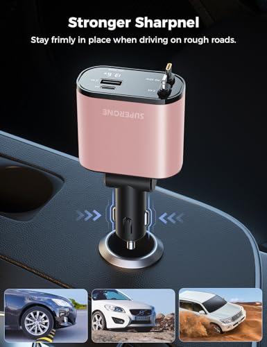 [Upgraded] SUPERONE Retractable Car Charger 4 in 1 Fast Phone Charger - color: Pink