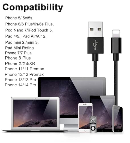 5Pack(2/2/4/4/6FT) Phone Charger Cable, Nylon Braided Fast Charging Cord Compatible with Phone14/13/12/11Pro Max/XS MAX/XR/XS/X/8/7Plus iPad AirPods