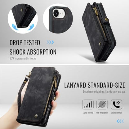 Compatible with iPhone 17E/16E Wallet Case with Magsafe,Black | Magnetic Detachable Case,Card Holder,Zipper Pocket,Strap Wristlet, Leather Drop-Proof Phone Case for iPhone 17E/16E - color: (Detachable and Magsafe)-Black, size: iPhone 16E/17E 6.1 Inch