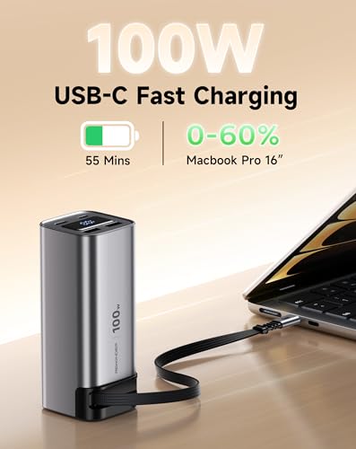 100W Power Bank Fast Charging 20000mAh, Built-in Retractable USB-C Cable