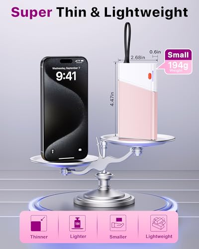 Aaoyun Portable Charger Power Bank, 10000mAh 22.5W PD Fast Charging Powerbank with Built-in USB C Cable, Slim External Phone Battery Pack for iPhone 17/16/15 Samsung S24 Android etc (Pink) - color: Pink