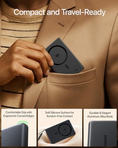 Baseus Picogo AM52 MagSafe Power Bank, Qi2.2 25W 10,000mAh Magnetic Portable Charger, 0.6" Slim Built-in 45W USB-C Cable, Alloy Fast Charging Wireless Battery Pack for iPhone 17/16/15/14/13/12 Only - color: Deep Black