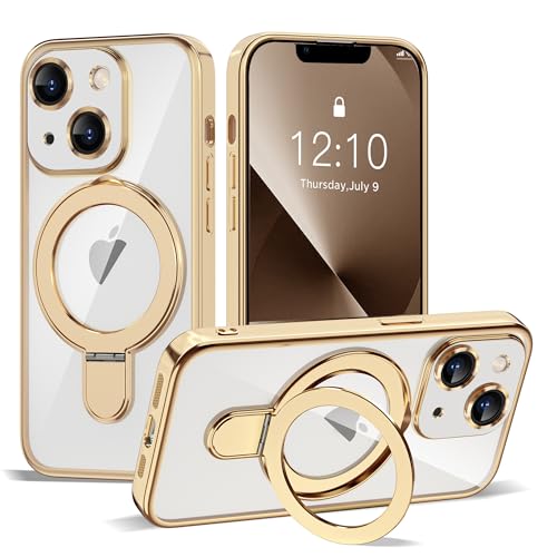 Compatible with iPhone 13 Case with Invisible Magnetic Ring Stand [Compatible with Mag-Safe] [Full Camera Lens Protector] Plating Clear Phone Case for iPhone 13 6.1", Gold - color: Gold, size: Iphone 13