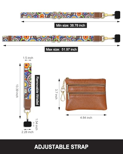 Nipichsha Crossbody Phone Strap with Wallet, Clip and Go Strap for Phone - color: Bohemian Sun