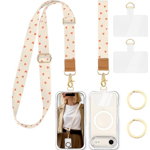 Phone Lanyard Crossbody Strap, Adjustable Neck Strap and Wristlet Strap for Phone Wallet ID Badge with 2 Phone Tabs - color: Orange Love Hearts