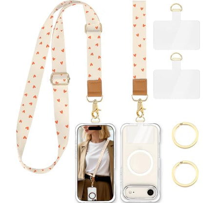 Phone Lanyard Crossbody Strap, Adjustable Neck Strap and Wristlet Strap for Phone Wallet ID Badge with 2 Phone Tabs - color: Orange Love Hearts