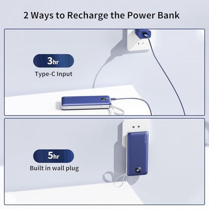 Portable Charger 10000mAh 22.5W Power Bank,Built-in 3 Cables & AC Wall Plug - color: Navy