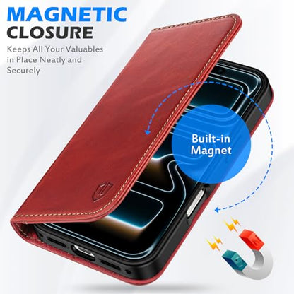 SHIELDON Genuine Leather Case Wallet for iPhone 17 Pro 6.3" 2025, Retro Red | Flip Magnetic Cover, RFID Blocking, Credit Card Holder, Kickstand, Book Design, Full Protection, Shockproof Phone Shell - color: Retro Red
