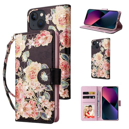 UEEBAI Wallet Case for iPhone 13, PU Leather Phone Cover Kickstand RFID Blocking Flip Case Card Slots Wrist Strap Relief Engraved Pattern Magnetic Closure Flower Folio Wallet, Black Rose - color: Black Rose, size: iPhone 13