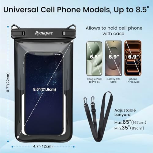 Rynapac 4 Pack IPX8 Waterproof Phone Pouch Floating- [Up to 8.5"] with Adjustable Lanyard for iPhone 17 16 15 Pro Max