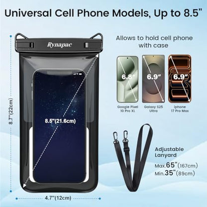 Rynapac 4 Pack IPX8 Waterproof Phone Pouch Floating- [Up to 8.5"] with Adjustable Lanyard for iPhone 17 16 15 Pro Max