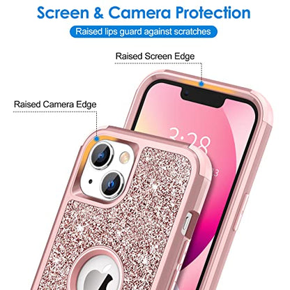 Hython Case for iPhone 13 Case Glitter, Cute Sparkly Shiny Bling Sparkle Cover, Heavy Duty 3 in 1 Hybrid Hard PC Soft TPU Bumper Full Body Shockproof Protective Phone Cases for Women Girls, Rose Gold - color: Rose Gold