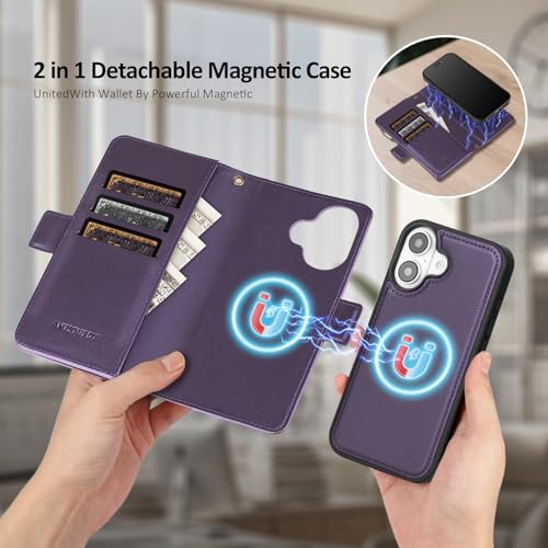 Antsturdy Compatible with MagSafe iPhone 17 Wallet Case,Purple | Detachable Magnetic Credit Card Holder,RFID Blocking,PU Leather Zipper Purse,Wrist Strap Kickstand,Flip Phone Cover for Women - color: (Detachable with Magsafe)-Purple