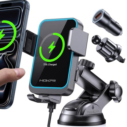 Wireless Car Charger, MOKPR 15W Fast Charging Auto Clamping Dashboard Windshield Air Vent Car Phone Holder Car Charger for iPhone 1716 15/14/13/12 Pro Max Plus, Samsung S23/S22/S21 - style: Windshield