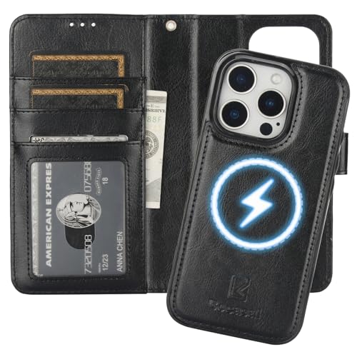 Bocasal for MagSafe Wallet Case Card Holder for iPhone 16 Pro, Black | RFID Blocking Kickstand Magnetic PU Leather Case with Card Slots Holder for Wireless Charging Detachable Wrist Strap 6.3 Inch - color: Black for MagSafe