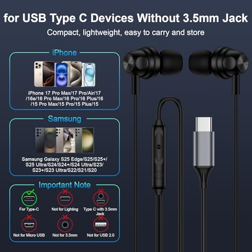 Pixel Wired Earbuds USB C for Google Pixel 11 Pro,10a,10 Pro XL/Fold,10,9a - color: Black