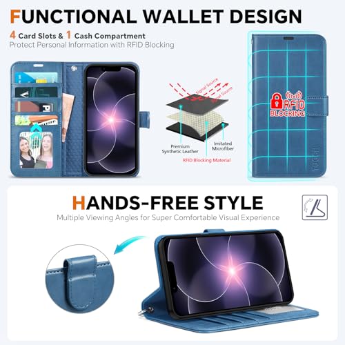 TUCCH 2-in-1 Removable Wallet Case for iPhone 17e & 16e (6.1"), Light Blue | RFID Blocking, 4 Card Holders, Kickstand, Wrist Strap, Wireless Charging, Shockproof TPU, PU Leather, Magnetic, Flip Cover - color: Light Blue