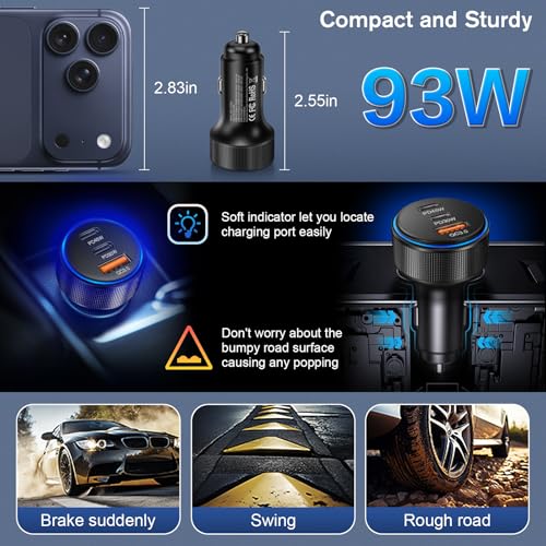 2-Pack Car Charger,93W 3 Ports Fast PD/QC 3.0 Cigarette Lighter Adapter - color: 2-Pack Black