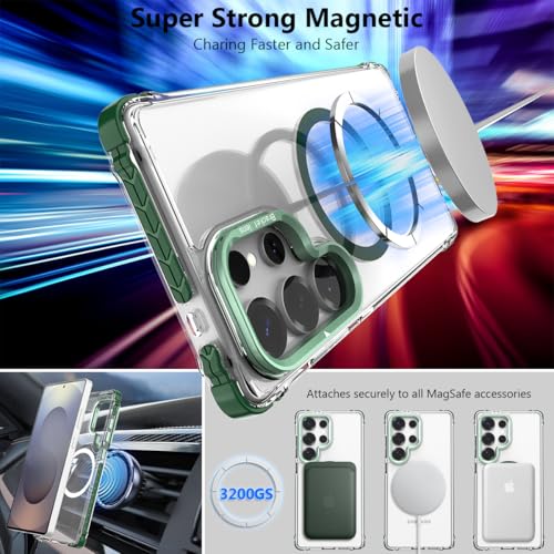 Nvollnoe for Samsung S25 Ultra Case Compatible with MagSafe Military Grade Shockproof Heavy Duty Protective Adjustable Kickstand Ultra Clear Magnetic Phone Case for Samsung S25 Ultra(Green) - color: Clear-Green