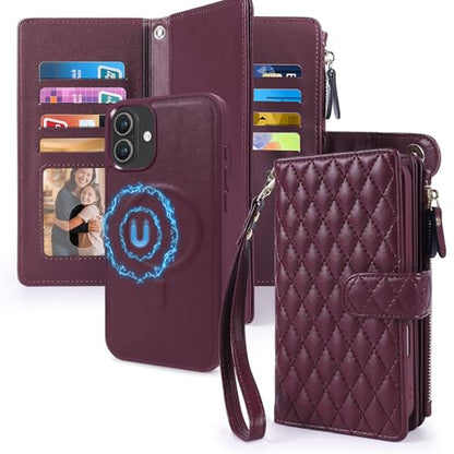 Harryshell 2 in 1 for iPhone 17 6.3 inch Wallet Case Magnetic Compatible with Magsafe RFID Blocking Card Holder Detachable Phone Cover Zipper Purse Kickstand Wrist Strap Men Women Quilted Burgundy - color: Quilted Burgundy, size: iPhone 17