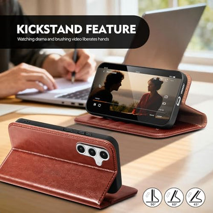 Compatible with Samsung Galaxy S25 Case Wallet with Card Holder [4 Card Slots] Kickstand [RFID Blocking] PU Leather Phone Case Flip Folio Protective Cover TPU Shockproof,Brown - color: Brown, size: Samsung Galaxy S25 5G