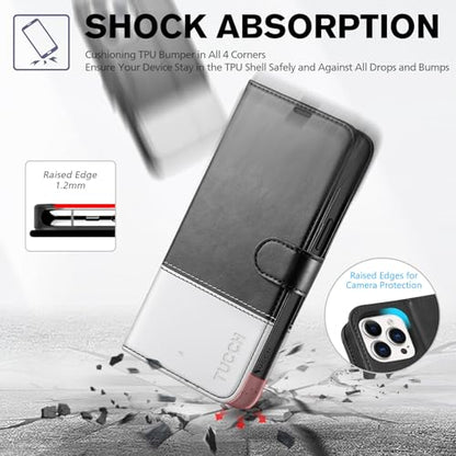 TUCCH Wallet Case for iPhone 15 Pro Max (6.7"), Flip Stand, Black & White | RFID Blocking, 4 Card Holders, Kickstand, PU Leather, Shockproof TPU Shell, Magnetic Closure, Protective Folio Cover - color: Black & White