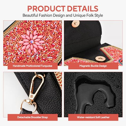 Small Beaded Crossbody Bag for Women, Boho Cell Phone Shoulder Purse Wallet with Handcrafted Colorful Beads - color: Trefoil Flower