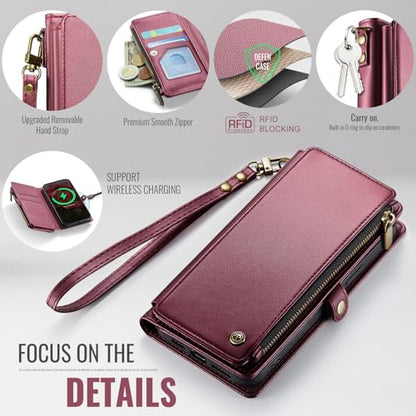 Defencase for iPhone 17E & 16E Wallet Phone Case with Card Holder, Wine Red | Durable Soft PU Leather, with RFID Blocking Zipper Pocket, Strap, Magnetic Snap Flip Cases Cover with Stand for Women Men - color: Wine Red