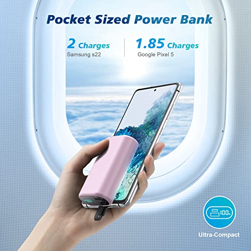 Small Portable Charger 10800mAh with Built-in USB-C Cable, Mini PD 3A Fast Charging Power Bank, Ultra-Compact LCD Display Battery Pack Compatible with Samsung Galaxy S22/S21/S10/S9,Note,Moto,LG-Pink