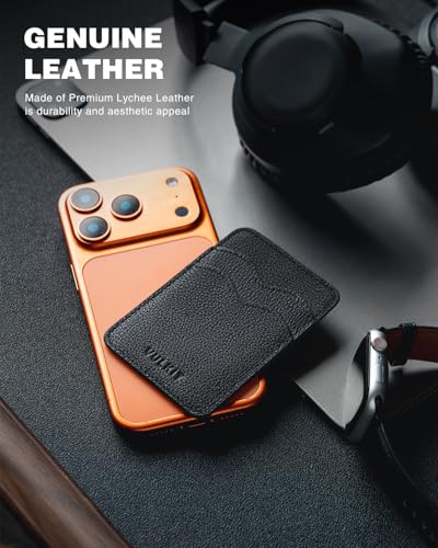 VULKIT Stick on Card Holder Compatible for iphone Leather Cell Phone Wallet Credit Card Case Strong Sticker for Women - color: Genuine Black
