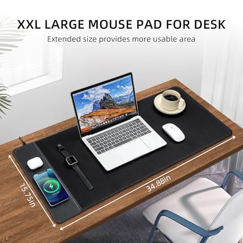 VOVIPO 3 in 1 Wireless Charging Mouse Pad, Gaming Mousepad with Wireless Charger Multiple Devices Compitable with Watch/iPhone/Airpods, Large Desk Mat 90 x 40cm,Desk Pad for MacBook, PC, Laptop-Black - color: Black