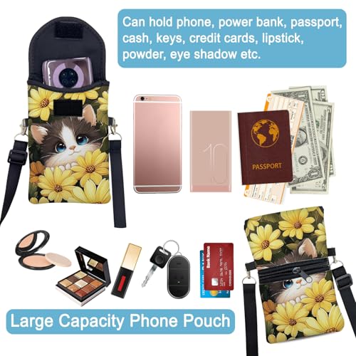 Neoprene Cell Phone Sleeve Pouch Case Bag with Crossbody Strap Neck Lanyard for Women 7.5 X 4.3 in Sunflower Cat - color: Sunflower Cat 1
