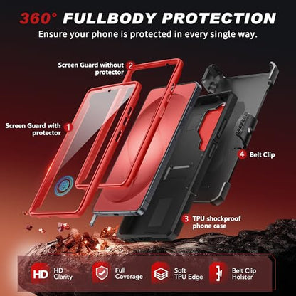 TONGATE Magnetic Stand for Samsung Galaxy S26 Ultra Case, Compatible with Magsafe, [Camera Cover & 2 Front Frames][Military Drop Protection] S26 Ultra Case Built-in Screen Protector & Belt Clip, Red - color: Red