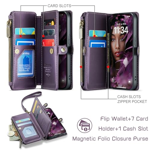 Defencase for iPhone 15 Wallet Case with RFID Blocking Card Holder, Purple | Durable Soft PU Leather, with Zipper Pocket, Wrist Strap, Fashion Snap Flip Phone Cases Cover with Stand for Women and Men - color: Aesthetic Purple