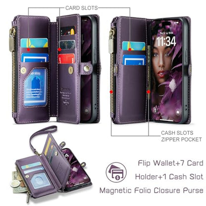 Defencase for iPhone 15 Pro Wallet Case with RFID Card Holder, Purple | Durable Soft PU Leather, with Zipper Pocket, Wrist Strap, Fashion Snap Flip Phone Cases Cover with Stand for Women and Men - color: Purple