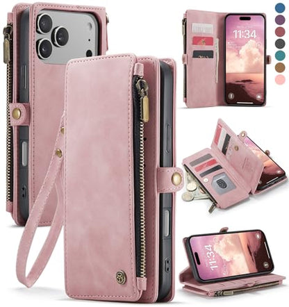 Defencase for iPhone 17 Pro Max Wallet Case with RFID Card Holder, Pink | Durable Soft PU Leather, with Zipper Pocket, Wrist Strap, Fashion Snap Flip Phone Cases Cover with Stand for Women and Men - color: Rose Pink