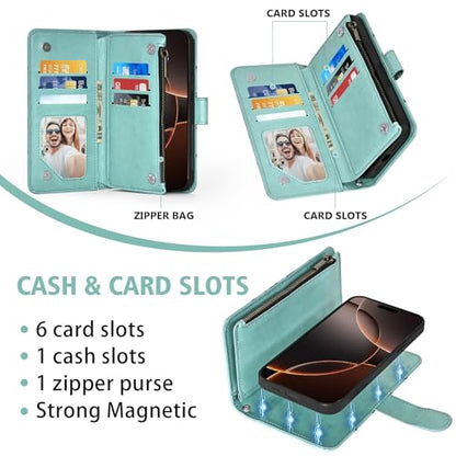 Asuwish Phone Case for iPhone 16 Pro 6.3 inch Zipper Wallet Detachable Cell Cover with Tempered Glass Screen Protector Crossbody Lanyard Strap Flower Card Holder i Phone16 i16 16Pro Women Girls Green - color: Green