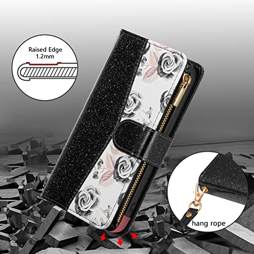 UEEBAI Wallet Case for iPhone 13 - PU Leather Magnetic Closure Handbag With Zipper Pocket, Kickstand, Card Slots and Hand Strap - Bling Black Flip Case for Women - color: Bling Black