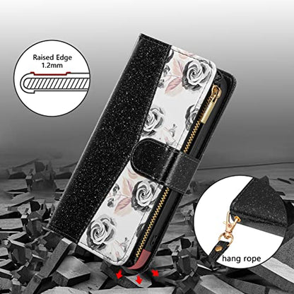 UEEBAI Wallet Case for iPhone 13 - PU Leather Magnetic Closure Handbag With Zipper Pocket, Kickstand, Card Slots and Hand Strap - Bling Black Flip Case for Women - color: Bling Black