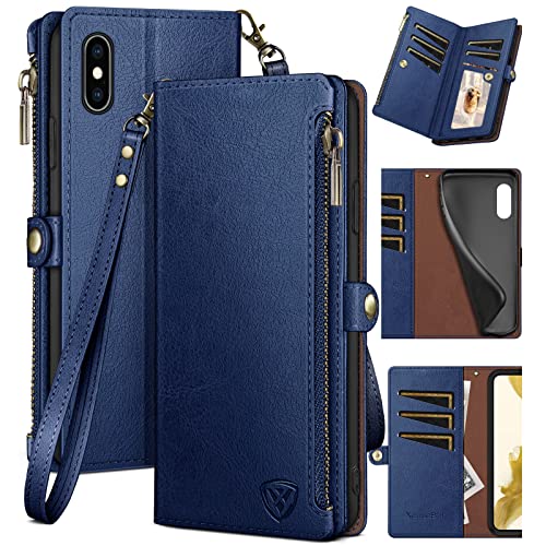 XcaseBar for iPhone Xs Max 6.5" Wallet case with Zipper Credit Card Holder【RFID Blocking】, Flip Folio Book PU Leather Phone case Shockproof Cover Women Men for Apple XS Max 6.5" case Blue - color: Blue