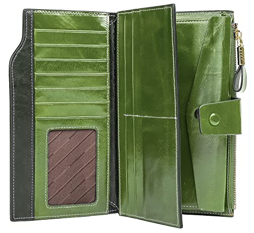 YALUXE Women's Real Leather Wallet RFID Protect 21 Card Slots Phone Pocket - color: 4- Waxed Green, size: Genuine Leather