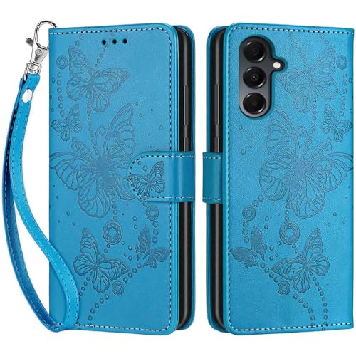 Wallet Case for Samsung Galaxy A16 5G, Blue Butterfly | Women Flip Folio Cover, Embossed PU Leather, Stand, Credit Card Holders Slots, Wrist Strap - color: 8