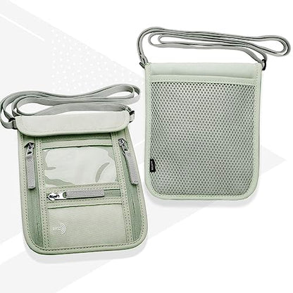 WALNEW Passport Holder Neck Pouch Travel Wallet for Women and Men, RFID Blocking Security Slim Traveling Wallet with Around Neck Lanyard Strap, Light Green - color: Light Gray Green