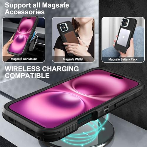 YKHJKLEC for iPhone 16 Plus Case, Military Grade 3 in 1 Heavy Duty Shockproof/Drop Proof/Dust Proof with Kickstand Case, with 2 x Tempered Glass Screen Protector & 1 x Wrist Strap (ZJ-Black/Black) - color: ZJ-Black/Black
